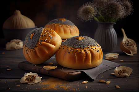 golden homemade poppy seed buns with thick crust and filling of seeds, created with generative aiの素材