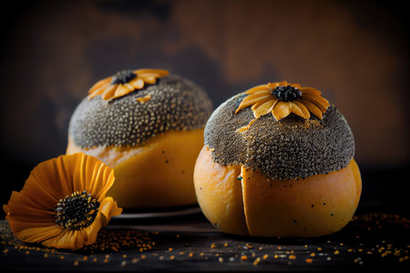 golden homemade poppy seed buns with thick crust and filling of seeds, created with generative aiの素材