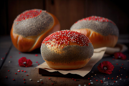 sweet homemade poppy seed buns with coarse crust and red seeds, created with generative aiの素材