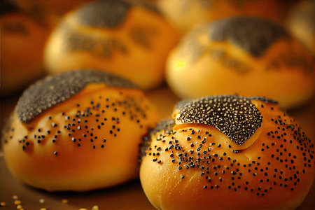golden delicious crisp poppy seed buns on thin dough, created with generative aiの素材