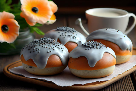 delicious poppy seed buns with delicate glaze and icing, created with generative aiの素材