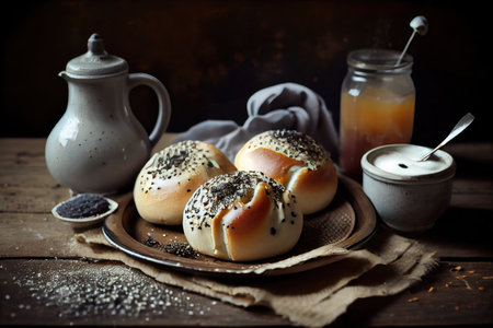 homemade poppy seed buns with luscious jam and milk glaze, created with generative aiの素材