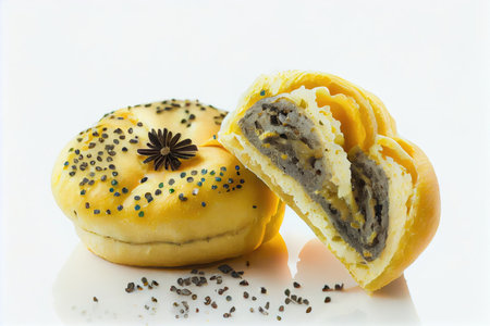 inside poppy seed buns delicious butter pastries on white background, created with generative aiの素材