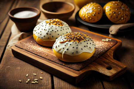 golden baked poppy seed buns with white glaze on wooden board, created with generative aiの素材