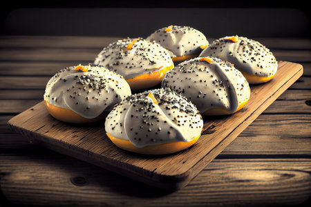 golden baked poppy seed buns with white glaze on wooden board, created with generative aiの素材