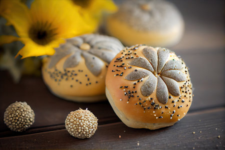 original sugary beige poppy seed buns with seeds and grains, created with generative aiの素材