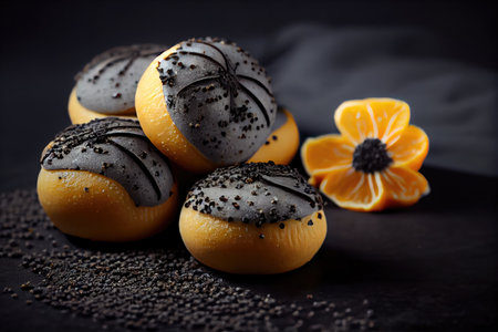bright baked poppy seed buns on dark gray background, created with generative aiの素材