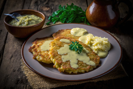 homemade potato pancakes with fried brown crust and butter sauce, created with generative aiの素材