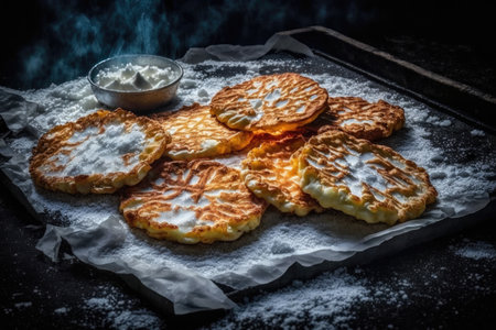 crispy potato pancakes in flour fried on griddle, created with generative aiの素材