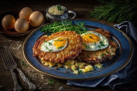 crispy golden potato pancakes with meat cutlets, cheese and egg, created with generative aiの素材
