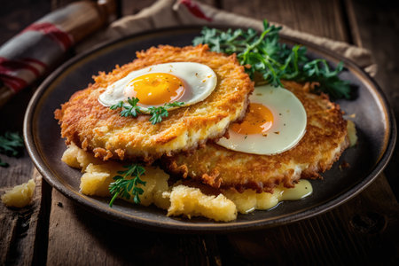 crispy golden potato pancakes with meat cutlets, cheese and egg, created with generative aiの素材