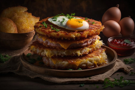 crispy golden potato pancakes with meat cutlets, cheese and egg, created with generative aiの素材