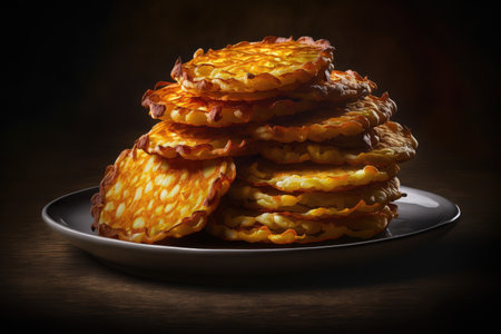 fried golden potato pancakes piled high on plate, created with generative aiの素材