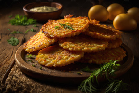 golden crispy potato pancakes fried for traditional cuisine, created with generative aiの素材