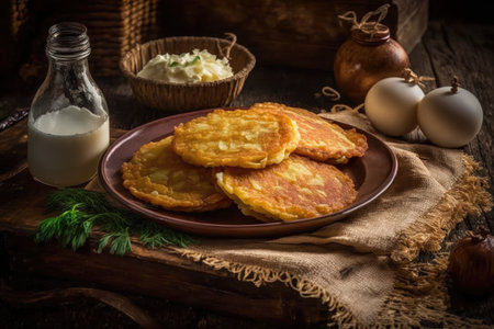 traditional potato pancakes with fried brown edges for snack, created with generative aiの素材