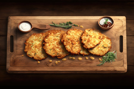 delicious potato pancakes with brown fried surface on wooden board, created with generative aiの素材