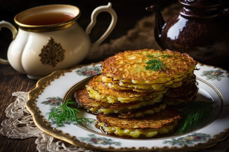 sliced potato pancakes cooked in oil for lunch, created with generative aiの素材