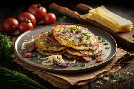 narrow fried potato pancakes with sliced sausage, onion and herbs, created with generative aiの素材