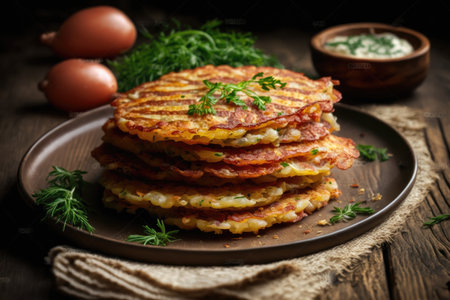 narrow fried potato pancakes with sliced sausage, onion and herbs, created with generative aiの素材