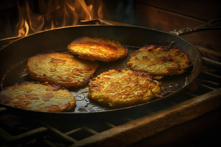 potato pancakes fried in oil on large griddle for delicious gourmet lunch, created with generative aiの素材