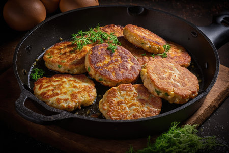 beautifully browned potato pancakes sausage fried on skillet, created with generative aiの素材