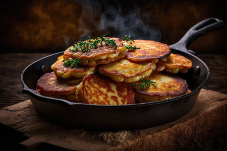 beautifully browned potato pancakes sausage fried on skillet, created with generative aiの素材
