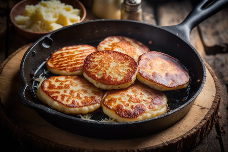 beautifully browned potato pancakes sausage fried on skillet, created with generative aiの素材