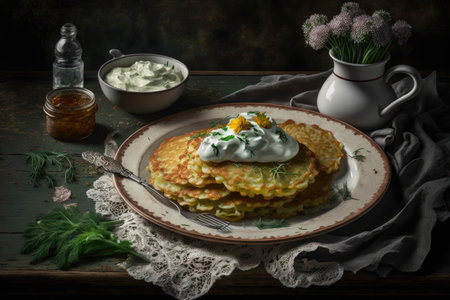 appetizing plate of potato pancakes with portion of sour cream and sprinkle of herbs for delicious lunch, created with generative aiの素材