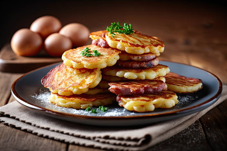small crispy potato pancakes with fried sausage cut into pieces, created with generative aiの素材