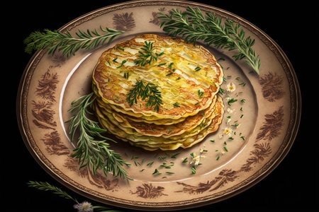 golden delicious mouth-watering potato pancakes with herbs on plate, created with generative aiの素材