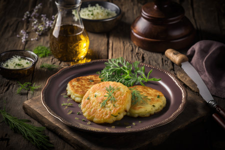 golden delicious mouth-watering potato pancakes with herbs on plate, created with generative aiの素材