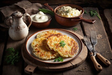 potato pancakes with white cheese gratin on wooden table, created with generative aiの素材