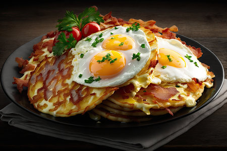deep-fried potato pancakes topped with fried egg and bacon slices, created with generative aiの素材