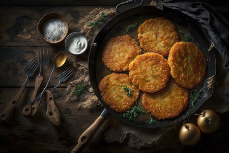 potato pancakes with golden crispy crust on frying pan, created with generative aiの素材