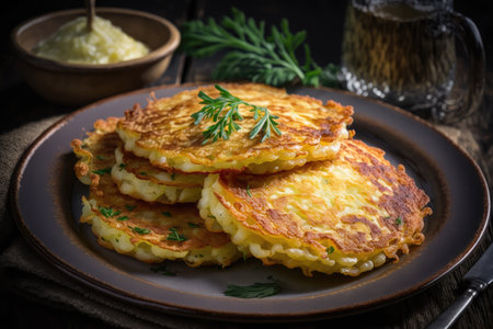 delicious golden potato pancakes baked at homemade restaurant, created with generative aiの素材