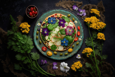 potato pancakes with multi-colored decoration originating from herbs and vegetables, created with generative aiの素材