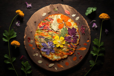 potato pancakes with multi-colored decoration originating from herbs and vegetables, created with generative aiの素材