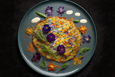 potato pancakes with multi-colored decoration originating from herbs and vegetables, created with generative aiの素材