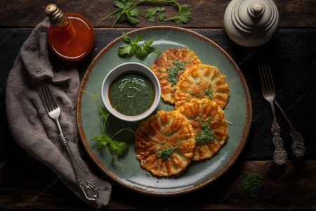 delicious quick snack in form of fried potato pancakes with sauce and herbs around plate, created with generative aiの素材