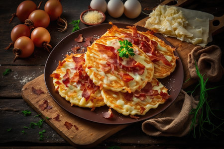 delicious homemade potato pancakes decorated with fried bacon and cheese, created with generative aiの素材