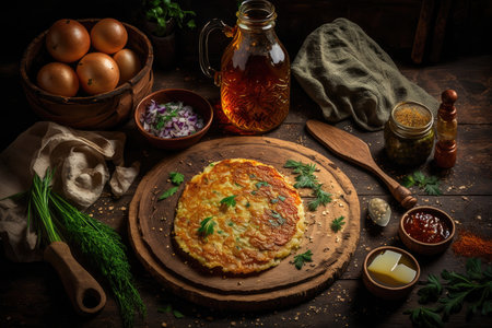 traditional homemade potato pancakes with oil, vegetables and herbs for breakfast, created with generative aiの素材