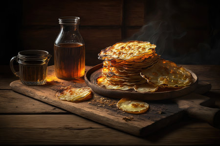 sliced potato pancakes fried in hot oil on wooden table, created with generative aiの素材