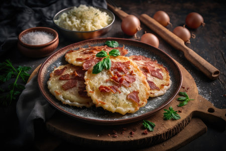 delicious homemade potato pancakes with fried grated potatoes and bacon, created with generative aiの素材