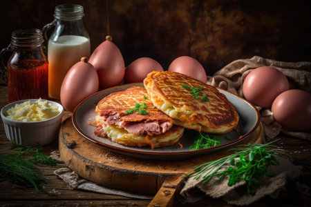 traditional homemade potato pancakes stuffed with meat, fried on griddle, created with generative aiの素材