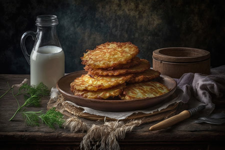 fried potato pancakes with delicate brown crust for delicious homemade lunch, created with generative aiの素材