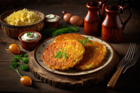 fried potato pancakes with delicate brown crust for delicious homemade lunch, created with generative aiの素材