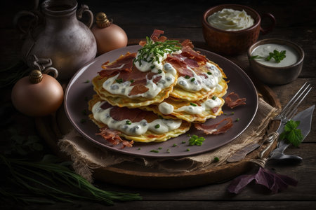potato pancakes with fresh cream and herbs decorated with fried bacon strips, created with generative aiの素材
