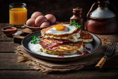 traditional delicious potato pancakes with fried egg, sausage and bacon pieces, created with generative aiの素材