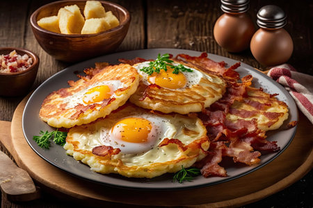traditional delicious potato pancakes with fried egg, sausage and bacon pieces, created with generative aiの素材