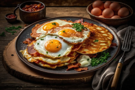 traditional delicious potato pancakes with fried egg, sausage and bacon pieces, created with generative aiの素材
